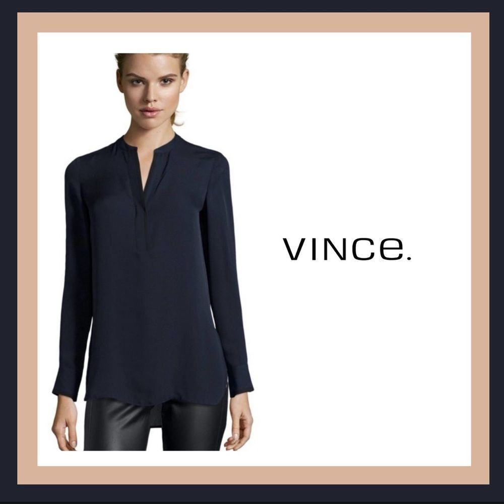 Vince Navy Blue Viscose Silk Trimmed Henley Size XS